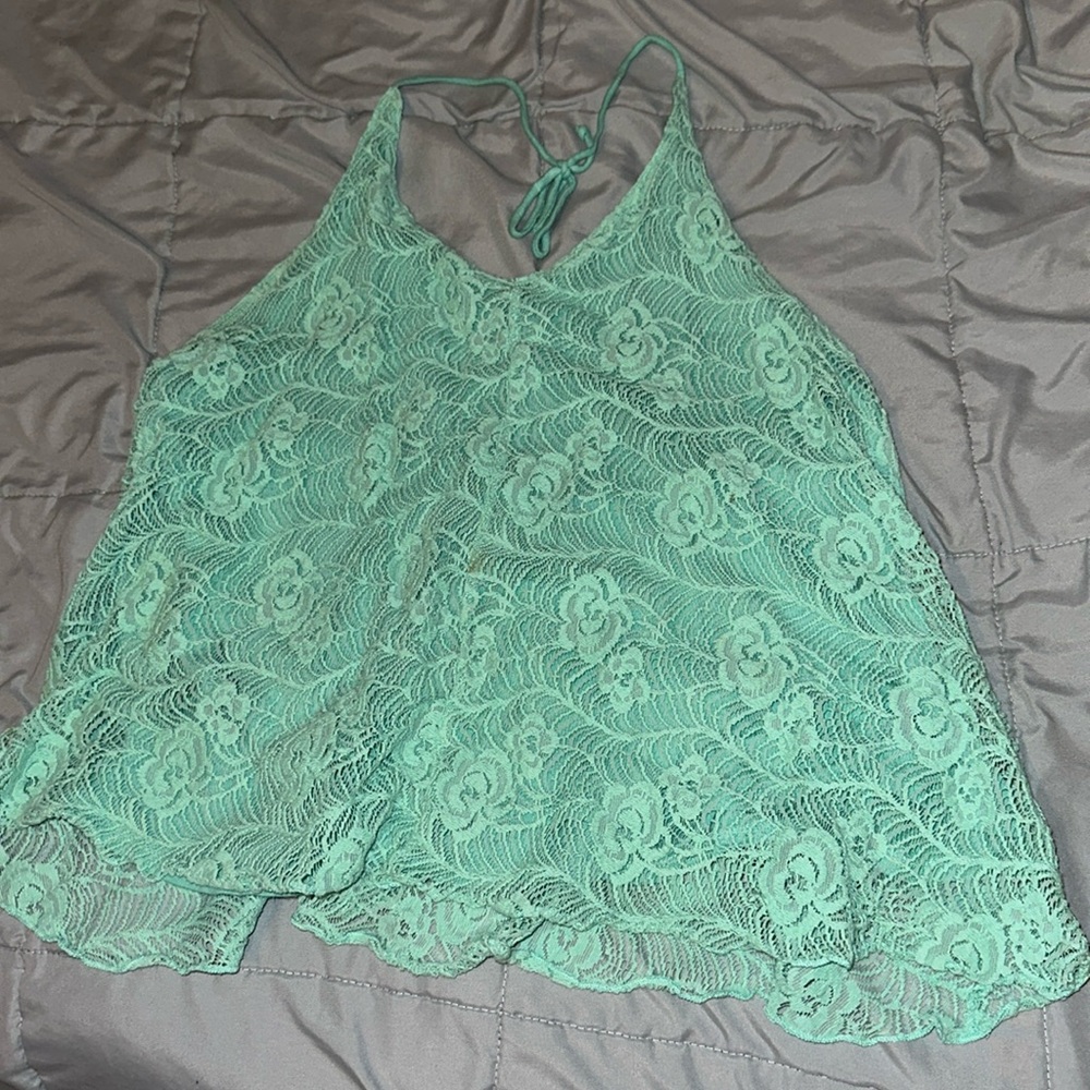 Mint green lace halter top with floral pattern